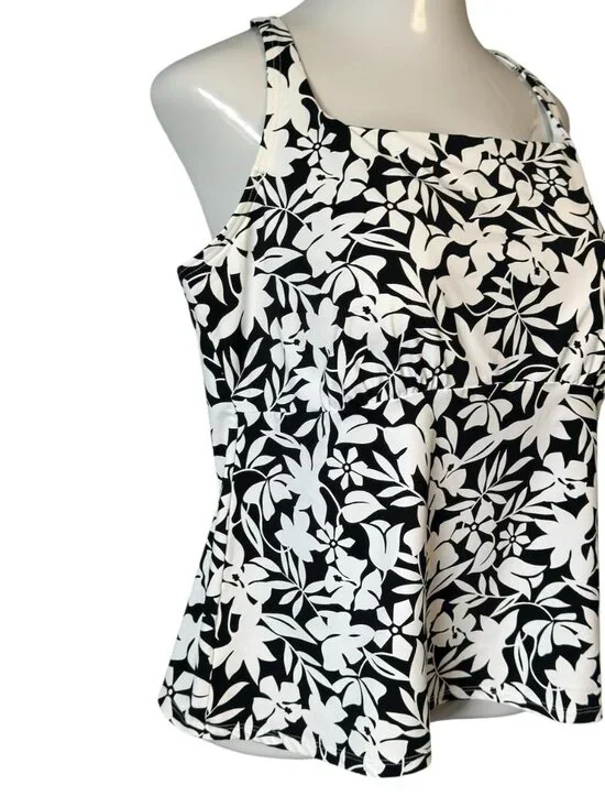 Lands End Tankini Top Size 20W Square Neck Black White Floral Swimsuit Soft Bra - Picture 4 of 16